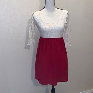 Color Me Red White Lace Red A-Line Mini Dress Elbow Sleeves Lined